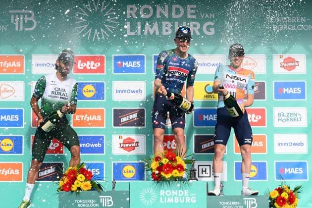 Ronde van Limburg 2026 Cycling Race TONGEREN, BELGIUM - APRIL 15 : Gaviria Fernando (COL) of Caja Rural - Seguros RGA, Merlier Tim (BEL) of Soudal Quick-Step and Van Tricht Floris (BEL) of NSN Development Team pictured during the podium ceremony of the 73rd edition of Ronde van Limburg an UCI Class 1.1 one day cycling road race for Men Elite of 178 km with start in Hasselt and finish in Tongeren on April 15, 2026 in Tongeren, Belgium, 15 04 2026 ( Motordriver Guy De Vuyst - Tongeren Belgium  Copyright: xVincentxKalutx