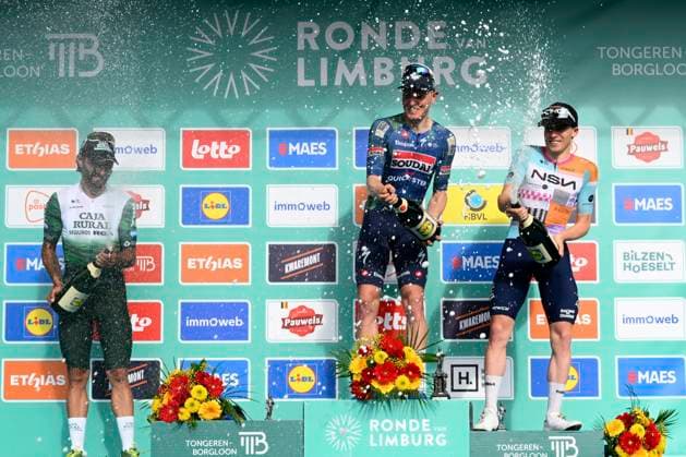 Ronde van Limburg 2026 Cycling Race TONGEREN, BELGIUM - APRIL 15 : Gaviria Fernando (COL) of Caja Rural - Seguros RGA, Merlier Tim (BEL) of Soudal Quick-Step and Van Tricht Floris (BEL) of NSN Development Team pictured during the podium ceremony of the 73rd edition of Ronde van Limburg an UCI Class 1.1 one day cycling road race for Men Elite of 178 km with start in Hasselt and finish in Tongeren on April 15, 2026 in Tongeren, Belgium, 15 04 2026 ( Motordriver Guy De Vuyst - Tongeren Belgium  Copyright: xVincentxKalutx