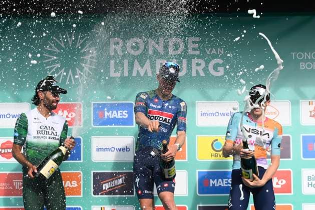 Ronde van Limburg 2026 Cycling Race TONGEREN, BELGIUM - APRIL 15 : Gaviria Fernando (COL) of Caja Rural - Seguros RGA, Merlier Tim (BEL) of Soudal Quick-Step and Van Tricht Floris (BEL) of NSN Development Team pictured during the podium ceremony of the 73rd edition of Ronde van Limburg an UCI Class 1.1 one day cycling road race for Men Elite of 178 km with start in Hasselt and finish in Tongeren on April 15, 2026 in Tongeren, Belgium, 15 04 2026 ( Motordriver Guy De Vuyst - Tongeren Belgium  Copyright: xVincentxKalutx