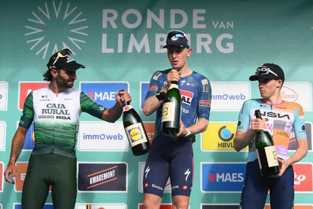 Ronde van Limburg 2026 Cycling Race TONGEREN, BELGIUM - APRIL 15 : Gaviria Fernando (COL) of Caja Rural - Seguros RGA, Merlier Tim (BEL) of Soudal Quick-Step and Van Tricht Floris (BEL) of NSN Development Team pictured during the podium ceremony of the 73rd edition of Ronde van Limburg an UCI Class 1.1 one day cycling road race for Men Elite of 178 km with start in Hasselt and finish in Tongeren on April 15, 2026 in Tongeren, Belgium, 15 04 2026 ( Motordriver Guy De Vuyst - Tongeren Belgium  Copyright: xVincentxKalutx