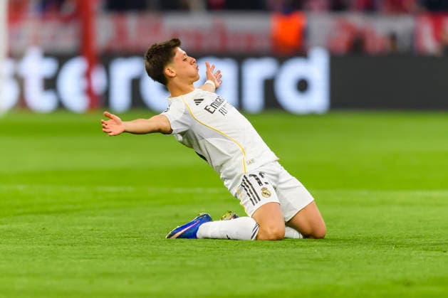 GER, UEFA CL, Viertelfinale Spiel 2, FC Bayern Muenchen (GER) vs Real Madrid (ESP) 15.04.2026, Allianz Arena, Muenchen, GER, UEFA CL, Viertelfinale Spiel 2, FC Bayern Muenchen (GER) vs Real Madrid (ESP) , UEFA regulations prohibit any use of photographs as image sequences and or quasi-video, im Bild Jubel nach dem Tor zum 0-1 durch Arda Güler Gueler (Real 15)