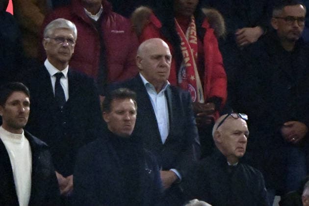 15.04.2026, xemx, Fussball UEFA Champions League, FC Bayern Muenchen - Real Madrid v.l. Trainer Julian Nagelsmann (Deutsche Fussball Nationalmannschaft DFB) DFB Praesident Bernd Neuendorf (Deutscher Fussball-Bund) Dieter Hoeness (DFL DFB REGULATIONS PROHIBIT ANY USE OF PHOTOGRAPHS as IMAGE SEQUENCES and or QUASI-VIDEO) Muenchen