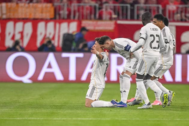 Arda Güler (Real Madrid) celebrates after scoring his team s first goal with teammates during the UEFA Champions League 2025 26 Quarter-Final Second Leg match between FC Bayern München and Real Madrid CF at Football Arena Munich on April 15, 2026 in Munich, Germany. (Photo by Harry Langer DeFodi Images) -