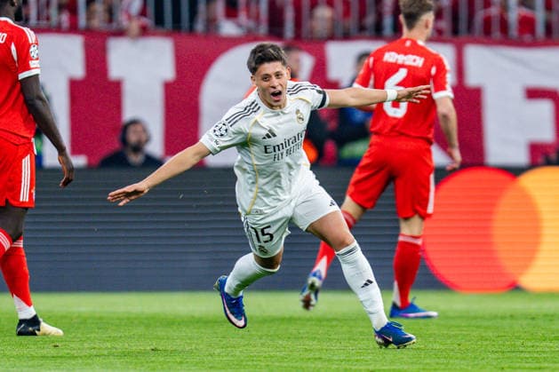 15.04.2026, FC Bayern München vs. Real Madrid, UEFA Champions League, Viertelfinale-Rückspiel Tor zum 0:1 durch Arda Güler (Real Madrid, 15) Regulations prohibit any use of photographs as image sequences and or quasi video Copyright: xBahhoxKarax