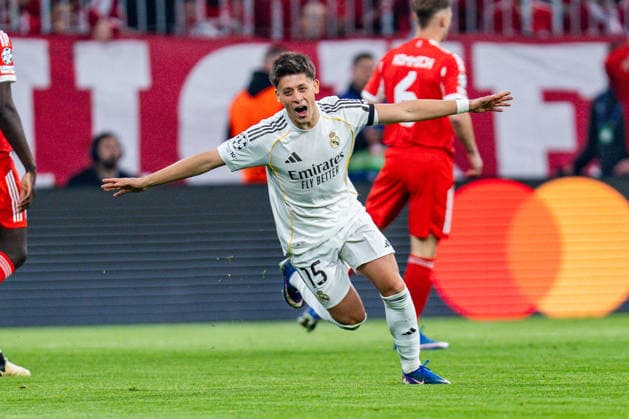 15.04.2026, FC Bayern München vs. Real Madrid, UEFA Champions League, Viertelfinale-Rückspiel Tor zum 0:1 durch Arda Güler (Real Madrid, 15) Regulations prohibit any use of photographs as image sequences and or quasi video Copyright: xBahhoxKarax