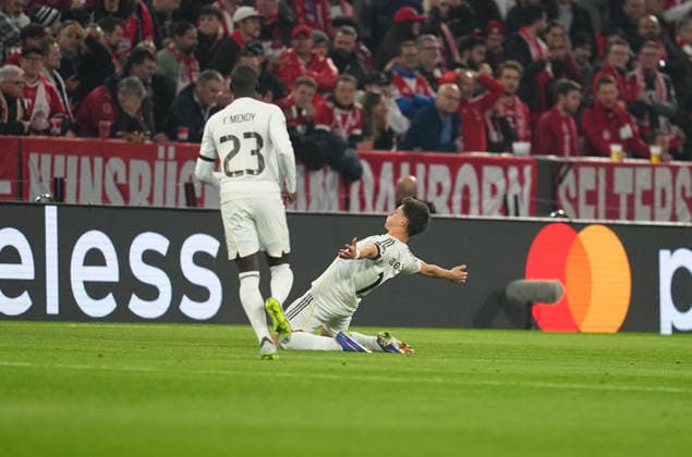 Arda Guler (Real Madrid) scores and celebrates his teams first goal during Bayern Munich and Real Madrid, UEFA Champions league Quarter Final UEFA Champions League, at Allianz Arena, Munich, Germany on April 15, 2026. Thor Wegner DeFodi Images. (Photo by DeFodi Images) -