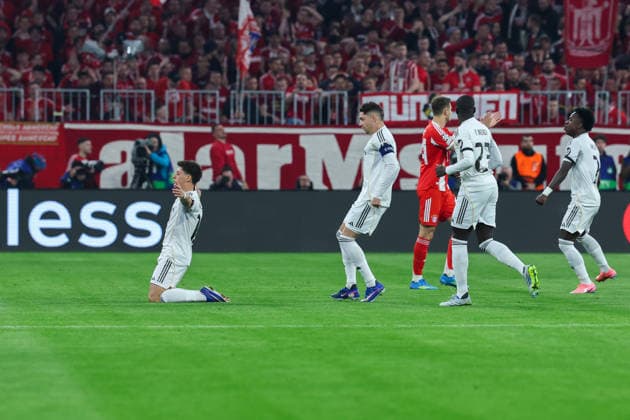 GER, CL Viertelfinale FC Bayern Muenchen (GER) vs Real Madrid (ESP) 15.04.2026, Allianz Arena, München, GER, CL Viertelfinale FC Bayern Muenchen (GER) vs Real Madrid (ESP), im Bild picture shows Torjubel Jubel Torschütze Torschuetze Arda Güler Arda Gueler (Real Madrid 15) jubelt ueber das Tor zum 0:1