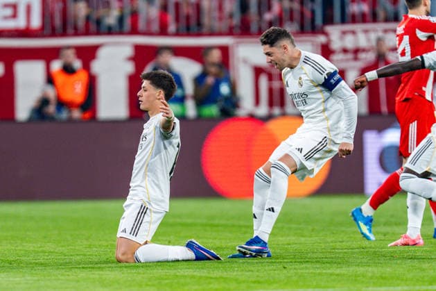 15.04.2026, FC Bayern München vs. Real Madrid, UEFA Champions League, Viertelfinale-Rückspiel Tor zum 0:1 durch Arda Güler (Real Madrid, 15) Regulations prohibit any use of photographs as image sequences and or quasi video Copyright: xBahhoxKarax