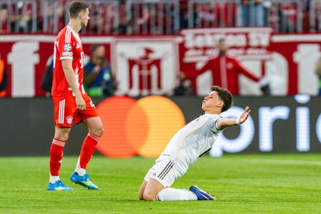 15.04.2026, FC Bayern München vs. Real Madrid, UEFA Champions League, Viertelfinale-Rückspiel Tor zum 0:1 durch Arda Güler (Real Madrid, 15) Regulations prohibit any use of photographs as image sequences and or quasi video Copyright: xBahhoxKarax