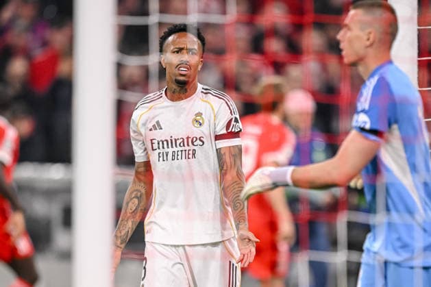 Eder Militae (Real Madrid) and Torwart Andriy Lunin (Real Madrid) gestures look dejected during the UEFA Champions League 2025 26 Quarter-Final Second Leg match between FC Bayern München and Real Madrid CF at Football Arena Munich on April 15, 2026 in Munich, Germany. (Photo by Harry Langer DeFodi Images) -