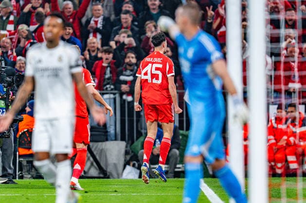 15.04.2026, FC Bayern München vs. Real Madrid, UEFA Champions League, Viertelfinale-Rückspiel Tor zum 1:1 durch Aleksandar Pavlovic (FC Bayern Muenchen, 45) Regulations prohibit any use of photographs as image sequences and or quasi video Copyright: xBahhoxKarax