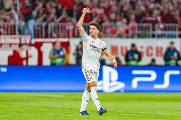 15.04.2026, FC Bayern München vs. Real Madrid, UEFA Champions League, Viertelfinale-Rückspiel Tor zum 0:1 durch Arda Güler (Real Madrid, 15) Regulations prohibit any use of photographs as image sequences and or quasi video Copyright: xBahhoxKarax