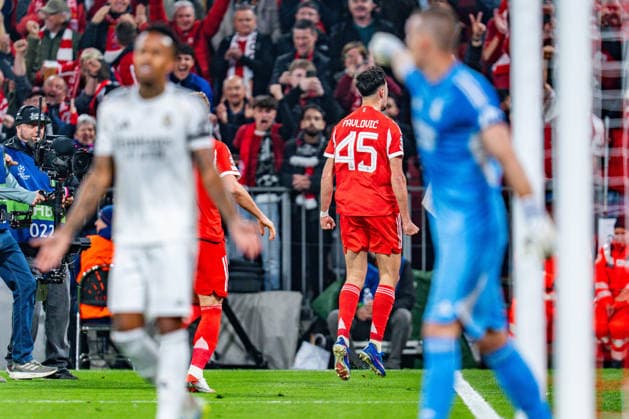 15.04.2026, FC Bayern München vs. Real Madrid, UEFA Champions League, Viertelfinale-Rückspiel Tor zum 1:1 durch Aleksandar Pavlovic (FC Bayern Muenchen, 45) Regulations prohibit any use of photographs as image sequences and or quasi video Copyright: xBahhoxKarax