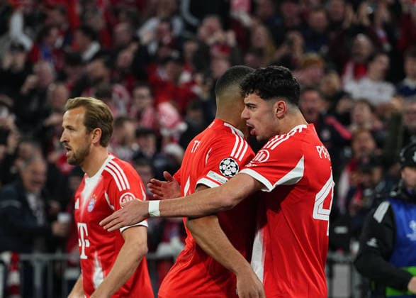 Aleksandar Pavlovic (Bayern Munich) scores and celebrates his teams first goal during Bayern Munich and Real Madrid, UEFA Champions league Quarter Final UEFA Champions League, at Allianz Arena, Munich, Germany on April 15, 2026. Thor Wegner DeFodi Images. (Photo by DeFodi Images) -