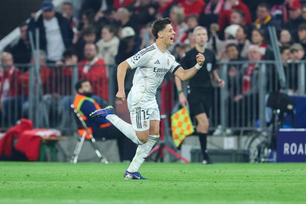 GER, CL Viertelfinale FC Bayern Muenchen (GER) vs Real Madrid (ESP) 15.04.2026, Allianz Arena, München, GER, CL Viertelfinale FC Bayern Muenchen (GER) vs Real Madrid (ESP), im Bild picture shows Torjubel Jubel zum 1:2 durch Arda Güler Arda Gueler (Real Madrid 15)