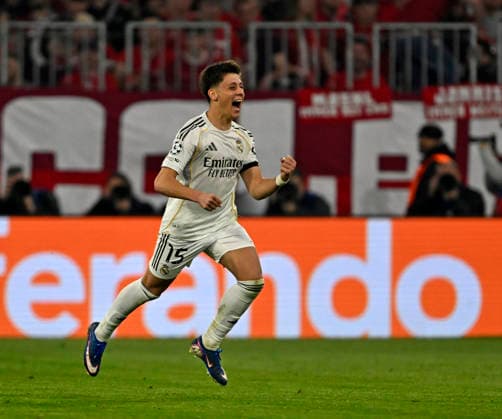 15.04.2026, Fussball UEFA Championsleague 2025 2026: Viertelfinale Rückspiel, FC Bayern München - Real Madrid, in der Allianz-Arena München, Arda Güler (Real Madrid) jubelt