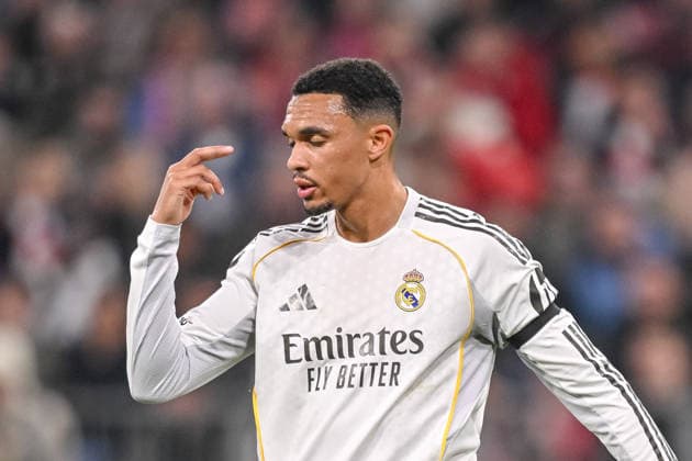 Trent Alexander-Arnold (Real Madrid) gestures during the UEFA Champions League 2025 26 Quarter-Final Second Leg match between FC Bayern München and Real Madrid CF at Football Arena Munich on April 15, 2026 in Munich, Germany. (Photo by Harry Langer DeFodi Images) -