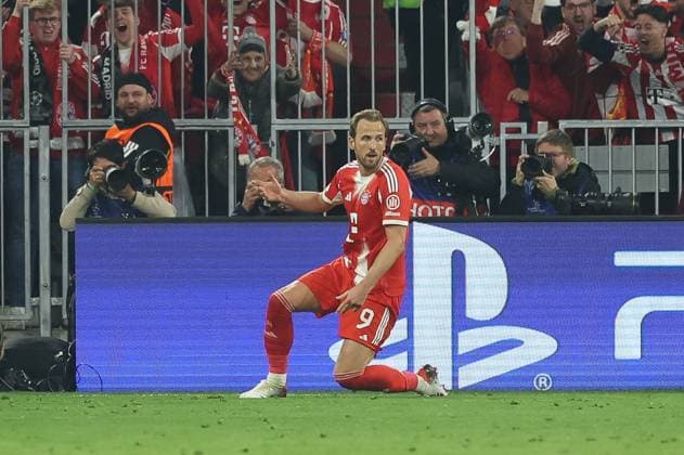 Torjubel von Harry Kane 9 (FC Bayern Muenchen) zum Ausgleich 2:2, FC Bayern Muenchen vs. Real Madrid, Fussball, UEFA, Champions League, Viertelfinale, Rueckspiel, 15.04.2026 Muenchen Bayern Deutschland
