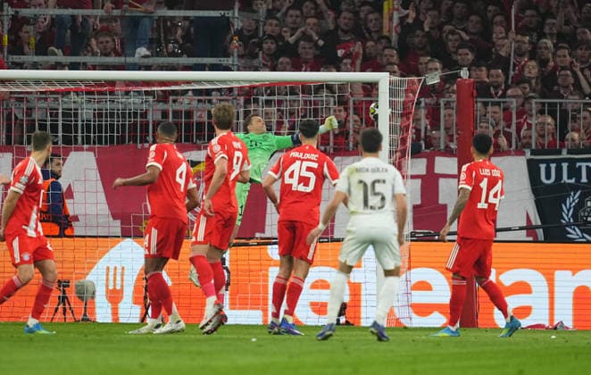 Arda Guler (Real Madrid) scores and celebrates his teams second goal during Bayern Munich and Real Madrid, UEFA Champions league Quarter Final UEFA Champions League, at Allianz Arena, Munich, Germany on April 15, 2026. Thor Wegner DeFodi Images. (Photo by DeFodi Images) -