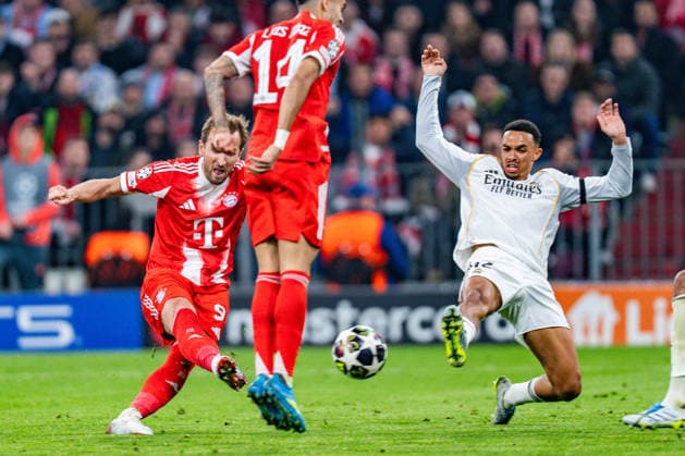 15.04.2026, FC Bayern München vs. Real Madrid, UEFA Champions League, Viertelfinale-Rückspiel Tor zum 2:2 durch Harry Kane (FC Bayern Muenchen, 9) Regulations prohibit any use of photographs as image sequences and or quasi video Copyright: xBahhoxKarax