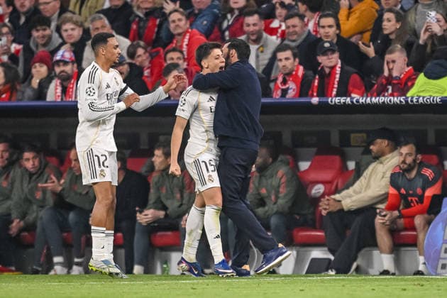 Arda Güler (Real Madrid) celebrates after scoring his team s second goal with teammates during the UEFA Champions League 2025 26 Quarter-Final Second Leg match between FC Bayern München and Real Madrid CF at Football Arena Munich on April 15, 2026 in Munich, Germany. (Photo by Harry Langer DeFodi Images) -