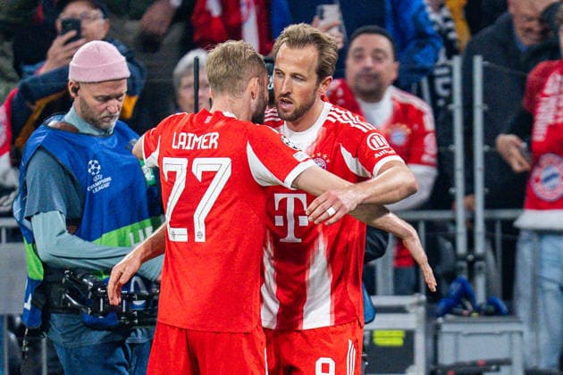 15.04.2026, FC Bayern München vs. Real Madrid, UEFA Champions League, Viertelfinale-Rückspiel Tor zum 2:2 durch Harry Kane (FC Bayern Muenchen, 9) Konrad Laimer (FC Bayern Muenchen, 27) Regulations prohibit any use of photographs as image sequences and or quasi video Copyright: xBahhoxKarax