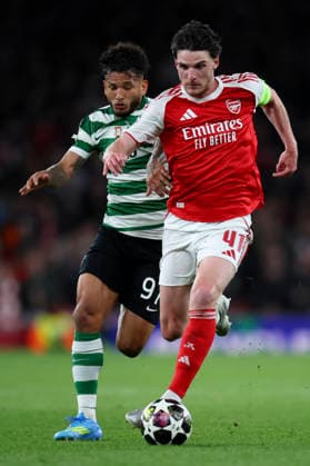 Arsenal FC v Sporting Clube de Portugal - UEFA Champions League 2025 26 Quarter-Final Second Leg Luis Suarez of Sporting Clube de Portugal and Declan Rice of Arsenal challenge during the UEFA Champions League 2025 26 Quarter-Final Second Leg match between Arsenal FC and Sporting Clube de Portugal at Arsenal Stadium on April 15, 2026 in London, England. WARNING! This Photograph May Only Be Used For Newspaper And Or Magazine Editorial Purposes. May Not Be Used For Publications Involving 1 player, 1 Club Or 1 Competition Without Written Authorisation From Football DataCo Ltd. For Any Queries, Please Contact Football DataCo Ltd on +44 (0) 207 864 9121 London Arsenal Stadium England United Kingdom Copyright: xAllstarxPicturexLibraryxLtdx