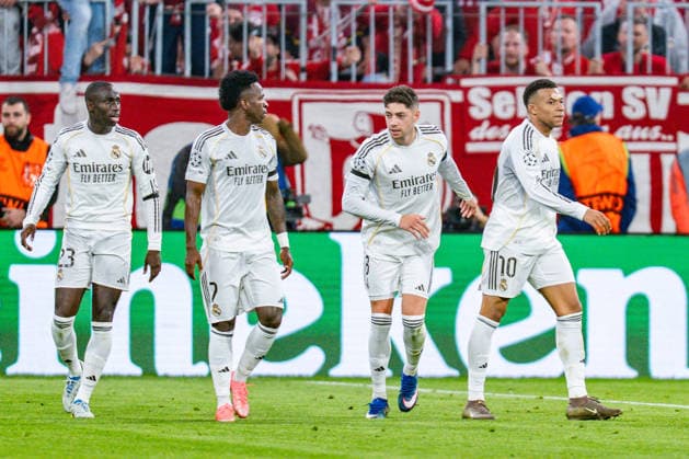 15.04.2026, FC Bayern München vs. Real Madrid, UEFA Champions League, Viertelfinale-Rückspiel Tor zum 2:3 durch Kylian Mbappe (Real Madrid, 9) Regulations prohibit any use of photographs as image sequences and or quasi video Copyright: xBahhoxKarax