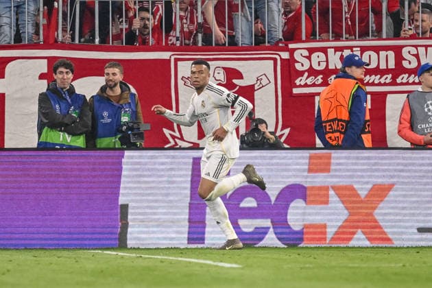 Kylian Mbappe (Real Madrid) celebrates after scoring his team s third goal during the UEFA Champions League 2025 26 Quarter-Final Second Leg match between FC Bayern München and Real Madrid CF at Football Arena Munich on April 15, 2026 in Munich, Germany. (Photo by Harry Langer DeFodi Images) -