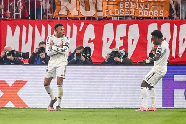 Kylian Mbappe (Real Madrid) celebrates after scoring his team s third goal with teammates during the UEFA Champions League 2025 26 Quarter-Final Second Leg match between FC Bayern München and Real Madrid CF at Football Arena Munich on April 15, 2026 in Munich, Germany. (Photo by Harry Langer DeFodi Images) -