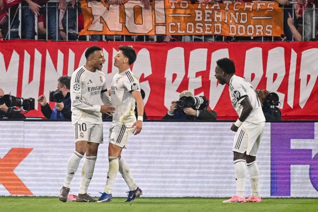 Kylian Mbappe (Real Madrid) celebrates after scoring his team s third goal with teammates during the UEFA Champions League 2025 26 Quarter-Final Second Leg match between FC Bayern München and Real Madrid CF at Football Arena Munich on April 15, 2026 in Munich, Germany. (Photo by Harry Langer DeFodi Images) -