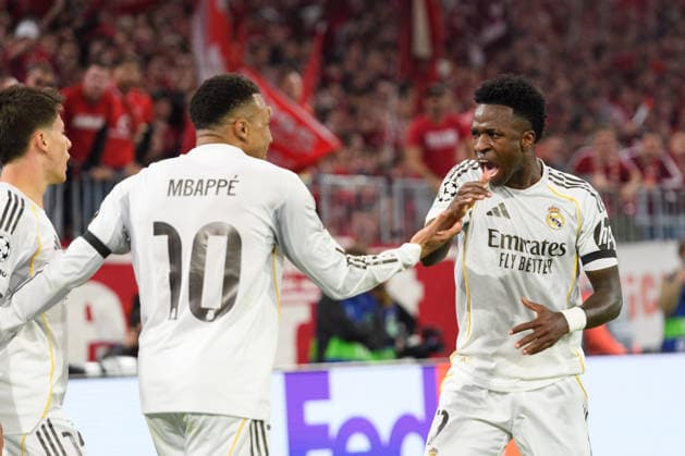 Bayern Munich v Real Madrid - UEFA Champions League 2025 26 MUNICH, GERMANY - APRIL 15: Kylian Mbappe (10 Real Madrid) and Vinicius Junior (7 Real Madrid) celebrating the third goal during a UEFA Champions League 2025 26 match between Bayern Munich and Real Madrid in Munich on April 15, 2026 (Photo by Sven Beyrich Sports Press Photo) Bayern Munich v Real Madrid - UEFA Champions League 2025 26