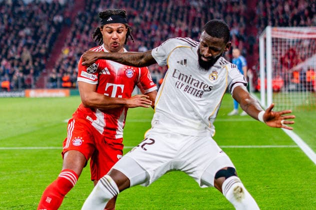 15.04.2026, FC Bayern München vs. Real Madrid, UEFA Champions League, Viertelfinale-Rückspiel Serge Gnabry (FC Bayern Muenchen, 7) Antonio Rüdiger (Real Madrid, 22) Regulations prohibit any use of photographs as image sequences and or quasi video Copyright: xBahhoxKarax