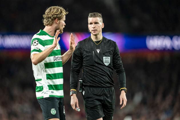 LONDON, ENGLAND - APRIL 15: Referee Francois Letexier talks to Morten Hjulmand of Sporting CP during a UEFA Champions League 2025-26 match between Arsenal and Sporting CP at Emirates Stadium on April 15, 2026 in London, England. (Photo by Pedro Loureiro Sports Press Photo)  Copyright: xPedroxLoureiro SportsxPressxPhotx Sportspressphoto_SPR130439