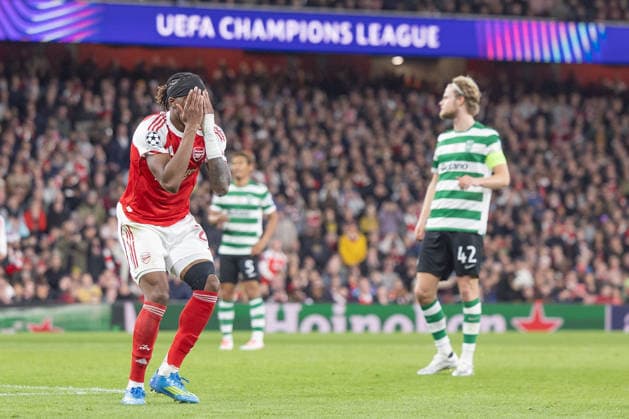 Arsenal FC v Sporting CP, UEFA Champions League, Quarter-final, Leg 2 of 2, Football, Emirates Stadium, London, UK - 15 Apr 2026 Noni Madueke of Arsenal FC (20) reacts London Emirates Stadium Highbury GBR, UK NEWSPAPERS OUT Copyright: xEllixBirchx