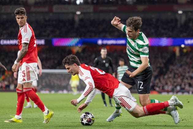 Arsenal FC v Sporting CP, UEFA Champions League, Quarter-final, Leg 2 of 2, Football, Emirates Stadium, London, UK - 15 Apr 2026 Eduardo Quaresma of Sporting CP (72) clashes with Kai Havertz of Arsenal FC London Emirates Stadium Highbury GBR, UK NEWSPAPERS OUT Copyright: xEllixBirchx