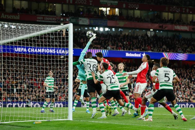 Champions League 2025 26 Quarter Final 2nd Leg Arsenal v Sporting CP Emirates Stadium 15.04.2026 Rui Silva GK of Sporting CP save Champions League 2025 26 Quarter Final 2nd Leg Arsenal v Sporting CP Emirates Stadium 15.04.2026 Photograph By Marc Aspland The Times  Copyright: xMarcxAsplandx NINTCHDBPICT001073766750
