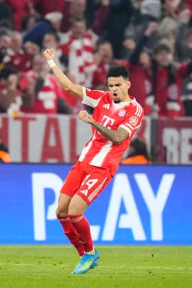 FC Bayern München v Real Madrid CF - UEFA Champions League 2025 26 Quarter-Final Second Leg Luis Diaz left winger of Bayern Munchen and Colombia celebrates after scoring his sides first goal during the UEFA Champions League 2025 26 Quarter-Final Second Leg match between FC Bayern München and Real Madrid CF at Football Arena Munich on April 15, 2026 in Munich, Germany. Munich Germany  Copyright: xJosexBretonx originalFilename:bretonhernandez-fcbayern260415_npIo6.jpg