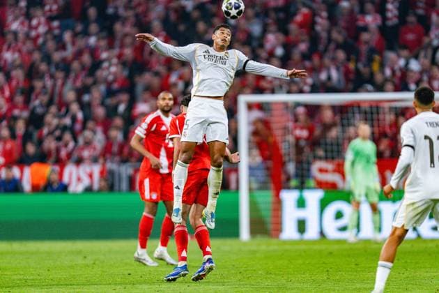15.04.2026, FC Bayern München vs. Real Madrid, UEFA Champions League, Viertelfinale-Rückspiel Jude Bellingham (Real Madrid, 5) Regulations prohibit any use of photographs as image sequences and or quasi video Copyright: xBahhoxKarax