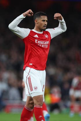 Arsenal FC v Sporting Clube de Portugal - UEFA Champions League 2025 26 Quarter-Final Second Leg William Saliba of Arsenal celebrates after the UEFA Champions League 2025 26 Quarter-Final Second Leg match between Arsenal FC and Sporting Clube de Portugal at Arsenal Stadium on April 15, 2026 in London, England. WARNING! This Photograph May Only Be Used For Newspaper And Or Magazine Editorial Purposes. May Not Be Used For Publications Involving 1 player, 1 Club Or 1 Competition Without Written Authorisation From Football DataCo Ltd. For Any Queries, Please Contact Football DataCo Ltd on +44 (0) 207 864 9121 London Arsenal Stadium England United Kingdom Copyright: xAllstarxPicturexLibraryxLtdx