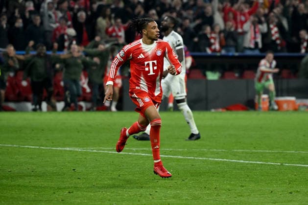 15.04.2026, xemx, Fussball UEFA Champions League, FC Bayern Muenchen - Real Madrid v.l. Torjubel nach dem Tor zum celebrating the goal celebrate 4:3 durch Michael Olise (FC Bayern Muenchen) (DFL DFB REGULATIONS PROHIBIT ANY USE OF PHOTOGRAPHS as IMAGE SEQUENCES and or QUASI-VIDEO) Muenchen