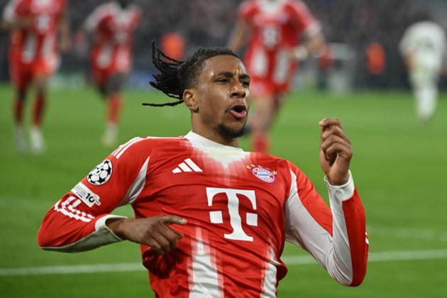 15.04.2026, xemx, Fussball UEFA Champions League, FC Bayern Muenchen - Real Madrid v.l. Torjubel nach dem Tor zum celebrating the goal celebrate 4:3 durch Michael Olise (FC Bayern Muenchen) (DFL DFB REGULATIONS PROHIBIT ANY USE OF PHOTOGRAPHS as IMAGE SEQUENCES and or QUASI-VIDEO) Muenchen