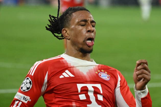 15.04.2026, xemx, Fussball UEFA Champions League, FC Bayern Muenchen - Real Madrid v.l. Torjubel nach dem Tor zum celebrating the goal celebrate 4:3 durch Michael Olise (FC Bayern Muenchen) (DFL DFB REGULATIONS PROHIBIT ANY USE OF PHOTOGRAPHS as IMAGE SEQUENCES and or QUASI-VIDEO) Muenchen