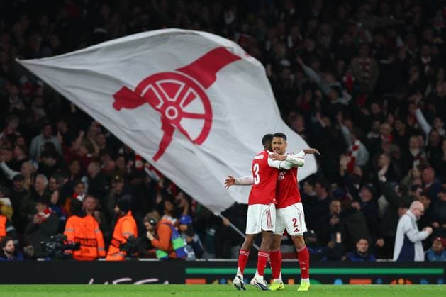 Cristhian Mosquera of Arsenal and William Saliba of Arsenal at full time Arsenal v Sporting, UEFA Champions League, Quarter Final, Second Leg, Football, Emirates Stadium, London, UK - 15 Apr 2026London Emirates Stadium United Kingdom EDITORIAL USE ONLY No use with unauthorised audio, video, data, fixture lists, club league logos or live services. Online in-match use limited to 120 images, no video emulation. No use in betting, games or single club league player publications. Copyright: xSimonxDael Shutterstockx 16828544bk