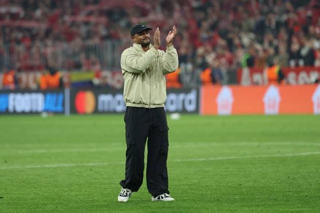 Schlussjubel, Chef-Trainer Vincent Kompany (FC Bayern Muenchen), FC Bayern Muenchen vs. Real Madrid, Fussball, UEFA, Champions League, Viertelfinale, Rueckspiel, 15.04.2026 Muenchen Bayern Deutschland