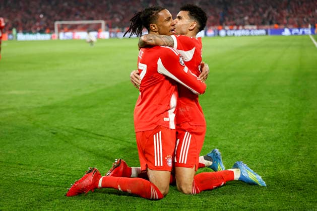 Bayern Munich v Real Madrid, UEFA Champions League Bayern Munich forward Michael Olise (17) scores a GOAL 4-3 and celebrates Bayern Munich forward Luis Diaz (14) during the Bayern Munich v Real Madrid UEFA Quarter-Final 2nd-Leg Champions League match at Allianz Arena, Munich, Germany on 15 April 2026 Credit: Ian Stephen Every Second Media Editorial use only. All images are copyright Every Second Media Limited. No images may be reproduced without prior permission. Copyright: xIMAGO EveryxSecondxMediax ESM-1914-0066 IanxStephenx xEveryxSecondxMediax