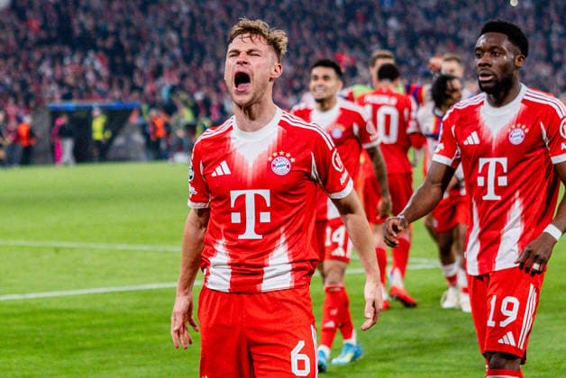 15.04.2026, FC Bayern München vs. Real Madrid, UEFA Champions League, Viertelfinale-Rückspiel Joshua Kimmich (FC Bayern Muenchen, 6) Jubel zum Tor zum 4:3 Regulations prohibit any use of photographs as image sequences and or quasi video Copyright: xBahhoxKarax