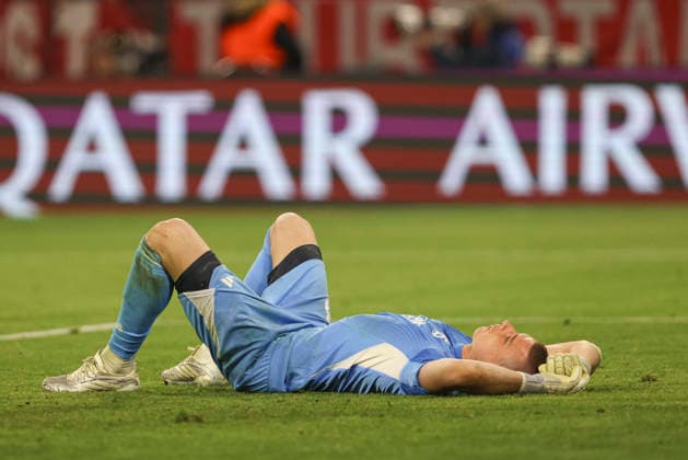 Torwart Andriy Lunin (Real Madrid C.F.) looks dejected during the UEFA Champions League 2025 26 Quarter-Final Second Leg match between FC Bayern München and Real Madrid CF at Football Arena Munich on April 15, 2026 in Munich, Germany. (Photo by Oliver Kaelke DeFodi Images) -