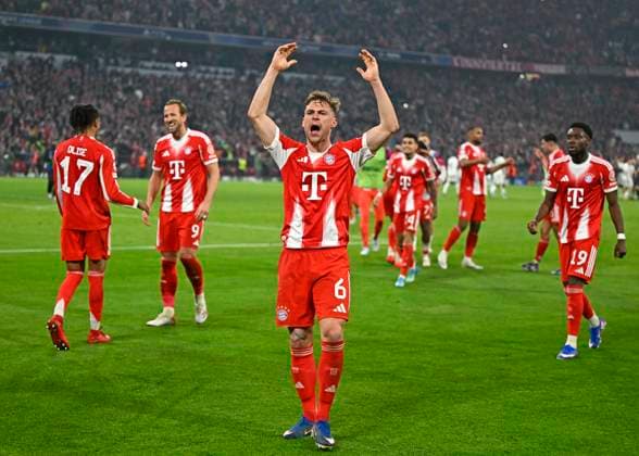 15.04.2026, Fussball UEFA Championsleague 2025 2026: Viertelfinale Rückspiel, FC Bayern München - Real Madrid, in der Allianz-Arena München, Joshua Kimmich (FC Bayern München) freut sich nach dem Spiel.