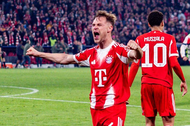 15.04.2026, FC Bayern München vs. Real Madrid, UEFA Champions League, Viertelfinale-Rückspiel Joshua Kimmich (FC Bayern Muenchen, 6) Jubel zum Tor zum 4:3 hier mit Michael Olise (FC Bayern Muenchen, 17) Regulations prohibit any use of photographs as image sequences and or quasi video Copyright: xBahhoxKarax